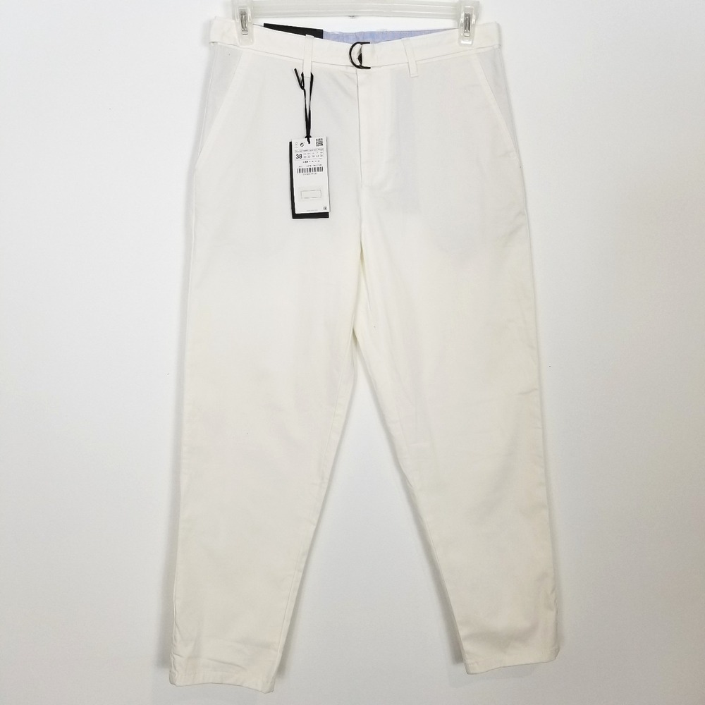 Zara Men Pants Sz US 30 White Loose Fit Classic Belted Cotton Blend Summer